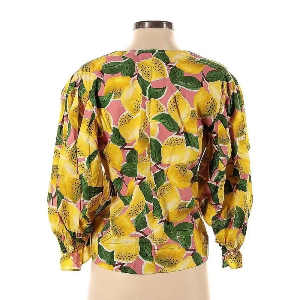 Farm Rio Top Lemons Puff Sleeve Short Shirt XS 0 2 Button Cotton Boxy Blouse Top